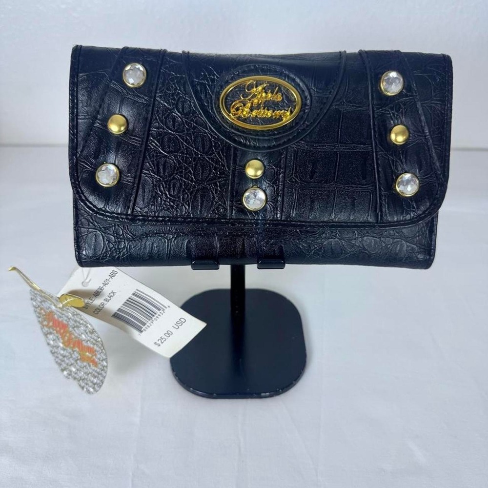NWT VTG Apple Bottom Stud Black Croc Embossed PU Leather Tri Fold Card Wallet